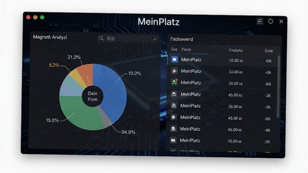 MeinPlatz主界面预览图,展示磁盘空间分析的饼图与列表,背景为深色科技感,软件名称显示在界面顶部