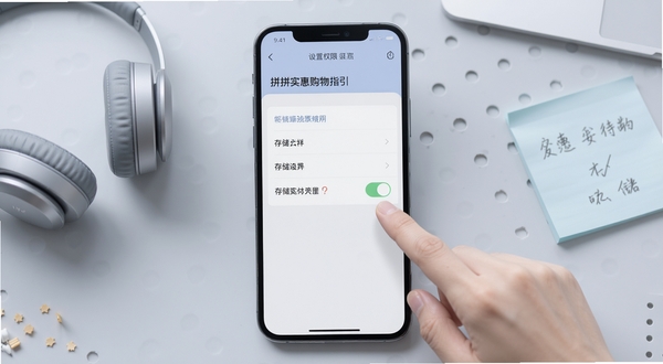 拼拼实惠购物手机端操作指引示意图,画面中央一部手机展示设置权限界面,手指点击屏幕上的存储权限开关,背景为淡灰色工作台面,旁边放置耳机和便签纸,整体色调冷静柔和,突出操作步骤的清晰感