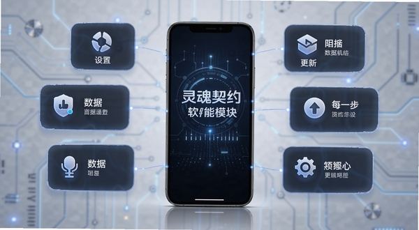 灵魂契约软件功能模块展示图,画面以手机为中心,周围环绕多个功能卡片图标,包括设置、数据、更新等元素,背景为科技感浅灰渐变,突出实用工具属性