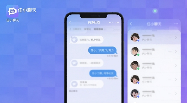创作一幅扁平化现代风格的应用预览图,画面主体为任小聊天的主聊天界面,背景采用通透的渐变蓝紫色调,前景展示简洁的对话框与好友列表,突出“纯净社交”的核心氛围,图标上清晰标注软件名称“任小聊天”。