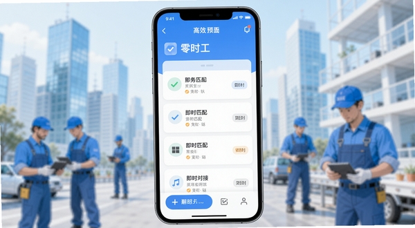零时工APP主界面预览图,画面中央是简洁的任务列表卡片,背景为明亮的城市写字楼与忙碌的蓝领工人虚影,整体色调清新蓝白,扁平化设计风格,突出即时匹配与高效对接的特点