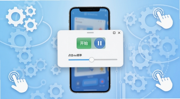 自动连点精灵软件主界面全貌展示，画面中央为手机屏幕悬浮窗控制面板，面板上有开始暂停按钮和点击频率滑块，背景为浅蓝色渐变科技风格，四周环绕简洁的齿轮与手指点击图标元素，整体构图清晰明亮，适合作为软件介绍头图