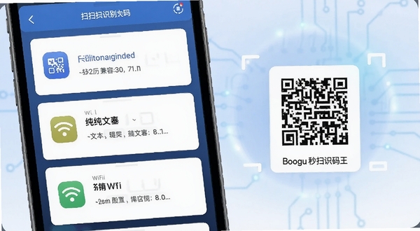 画面展示扫一扫识别二维码-秒扫识码王软件内部的多格式识别结果列表,屏幕中同时呈现网址链接、纯文本、WiFi配置三种不同识别结果的卡片式界面,卡片带有对应图标。背景为柔和的蓝白渐变科技感光晕,画面风格为扁平化UI展示图,细节清晰,突出软件对多种码制的兼容能力,适配Boogu模型生成。