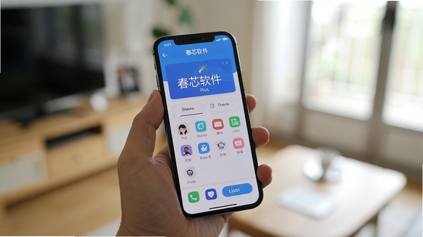 春芯软件在手机上运行时的实拍图,手机握在手中,屏幕显示主界面,背景是模糊的室内环境,光线自然,突出软件的实际使用场景。