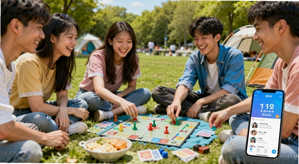 一组年轻人在阳光明媚的公园草坪上围坐一圈玩桌游的场景,他们面前摆放着零食和桌游道具,手机放在一旁显示出觅她APP的同城活动界面,所有人都笑容灿烂,画面色彩明亮鲜艳,充满青春活力,背景是绿树与帐篷,展现线下社交的愉快氛围。