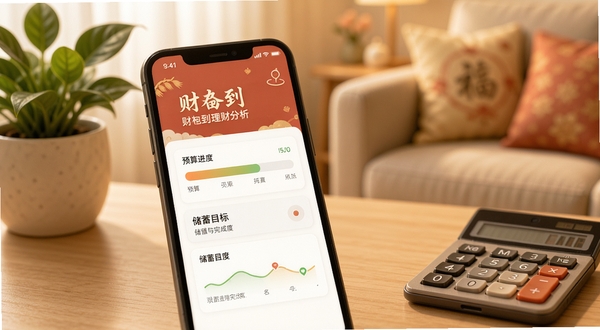 财神到理财分析界面,手机屏幕显示预算进度条与储蓄目标完成度,背景为温馨家居环境,桌面上有绿植与计算器,整体色调柔和,体现财神到软件名称