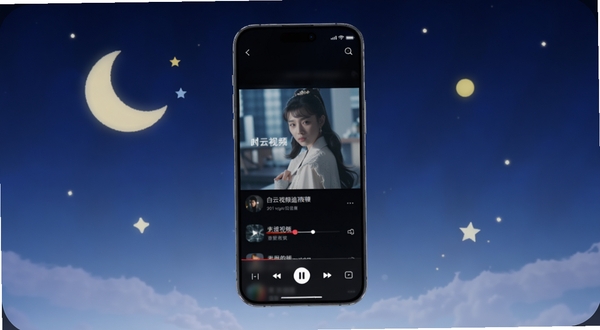 白云视频追剧夜间模式界面展示，画面中手机屏幕显示深色背景下的影视播放界面，底部有播放控制栏，背景为深蓝色渐变，周围点缀月亮与星星元素，适配Boogu模型生成