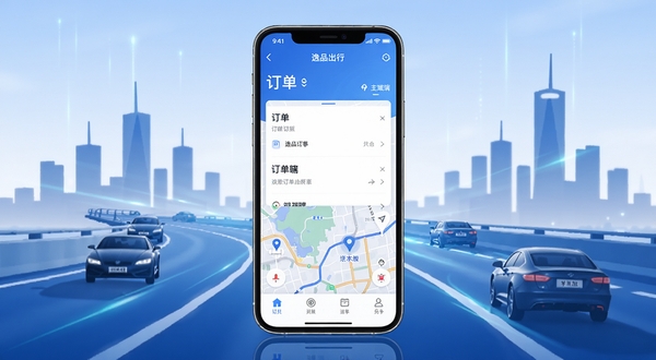 逸品出行车主端应用界面全景展示,画面中央为手机屏幕显示车主端主界面,包含订单列表与地图导航区域,背景为城市道路与车辆剪影,整体色调以蓝色和白色为主,体现出行科技感