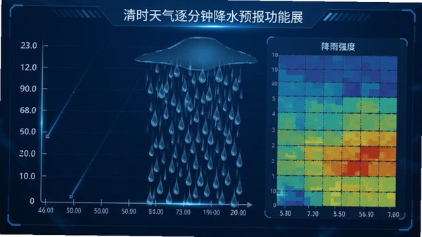 清时天气逐分钟降水预报功能展示，画面左侧为时间轴，右侧为降雨强度色块图，整体以蓝色系为主，中间有雨滴落下的动态效果模拟，科技感十足