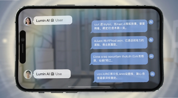 Lumin AI 智能对话界面预览图，手机屏幕内展示多轮对话气泡，左侧为用户提问，右侧为AI回复的文案列表，背景有柔和光晕，突出交互感