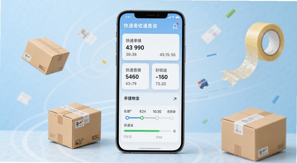 快递寄收查询通软件主界面展示,画面中央是手机屏幕,屏幕上显示多个快递单号卡片和物流轨迹进度条,背景为浅蓝色渐变,周围散落着快递纸箱和胶带元素,整体风格简洁明快,突出物流查询的便捷感