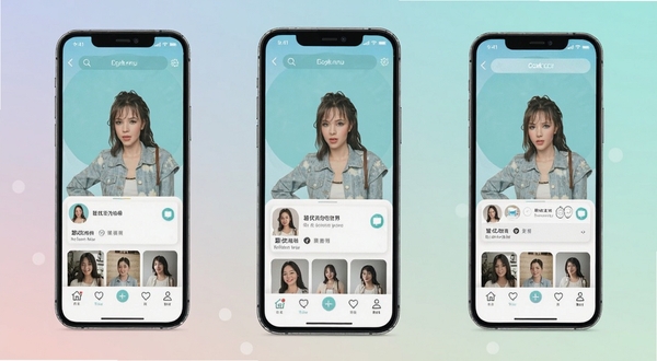 碧优蒂的世界 应用界面全景展示 社交互动场景 清新配色 手机屏幕 中心构图 背景为柔和渐变