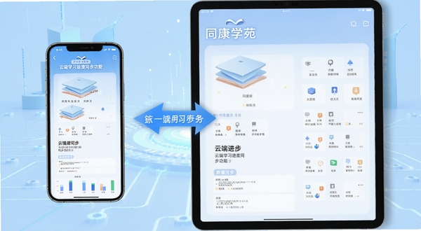 同康学苑 云端学习进度同步功能界面 手机与平板设备并列展示 数据同步箭头连接 浅蓝色科技感背景