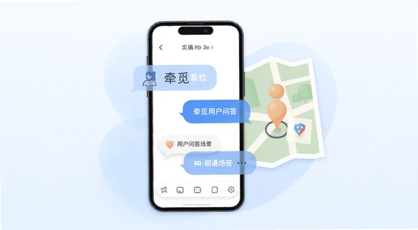 牵觅用户问答场景插画,手机屏幕显示问答对话气泡与地图元素结合,背景为淡蓝色渐变,简洁现代风格,突出沟通与信任感