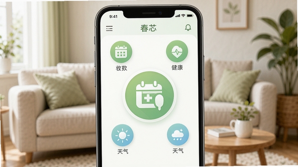 春芯是一款生活服务类手机软件,界面采用清新淡雅的绿色和白色主色调,主屏幕中央展示一个圆形图标,周围环绕着日历、健康、天气等小图标,背景为模糊的居家客厅场景,整体风格明亮温馨,符合生活服务软件的定位,画面主体突出,细节丰富。
