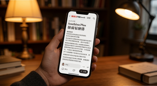 South南方Plus新闻详情页阅读场景，画面主体为手持手机展示一篇深度报道文章，文章标题醒目，正文排版清晰，页面底部有评论区与分享按钮，背景为书房环境，暖色调灯光营造沉浸式阅读氛围