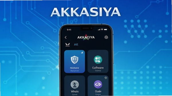 AKKSIYA软件主界面预览图,展示智能生活助手功能模块,背景为科技感蓝色渐变,前景手机界面显示分类图标,画面简洁明亮