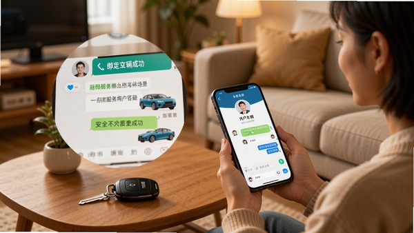 问界服务用户答疑场景图,画面中一位车主正在手机上与客服沟通,背景为家中客厅,茶几上放着车钥匙,手机屏幕放大显示绑定车辆成功界面,整体色调温馨,突出安全可靠的服务氛围,包含用户头像、聊天窗口等元素,清晰自然