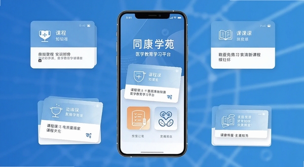 同康学苑 医学教育学习平台主界面展示 手机屏幕居中 蓝色渐变背景 课程卡片与知识图标环绕 简洁专业风格