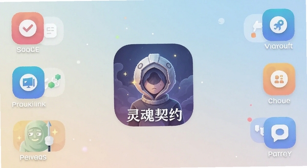 灵魂契约安卓手机应用主界面预览图,居中展示应用图标与名称,背景为简约浅色渐变,周围环绕功能模块图标,整体风格清爽现代,适配Boogu模型生成