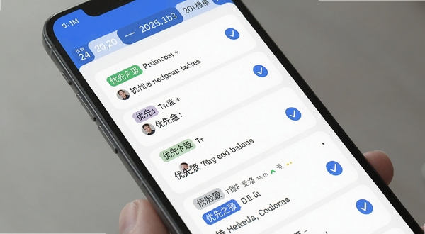轻历 待办清单界面 手机屏幕展示多条任务卡片 包含优先级标签与完成勾选框 背景为白色卡片式布局 顶部有日期切换栏 整体色调以蓝白为主 细节清晰 适配Boogu模型生成