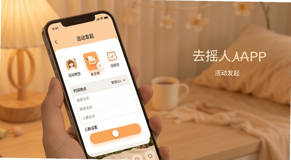 去摇人APP活动发起页面，手机屏幕显示活动类型选择图标、时间地点填写框和人数设置滑块，背景为柔和暖色调，突出便捷操作感