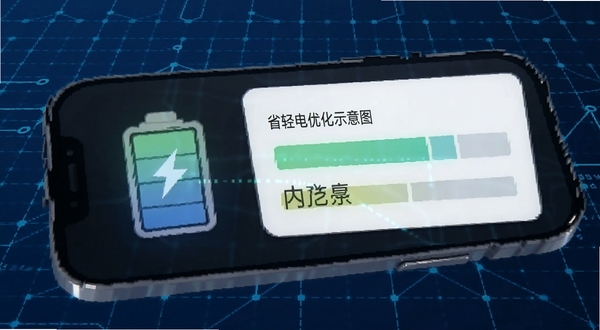 欣语在手机后台运行时的省电优化示意图,画面主体为手机电池图标与内存占用条,背景为科技感蓝色网格,突出轻量省电特点