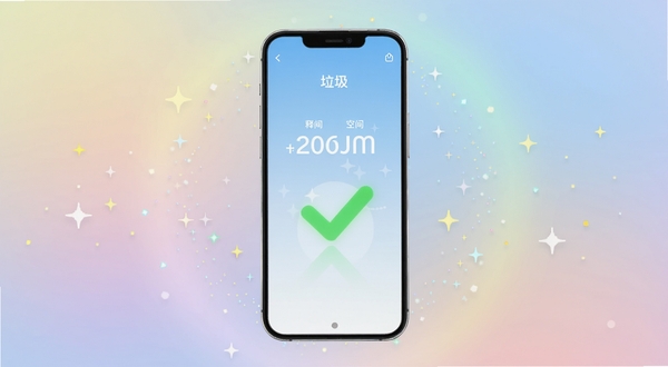 手机垃圾一键清理清理完成界面，画面主体为手机屏幕显示释放空间数字与绿色对勾动画，背景为柔和的渐变光晕，周围有星星点点的粒子效果，传达清理成功的轻松感，适配Boogu模型生成