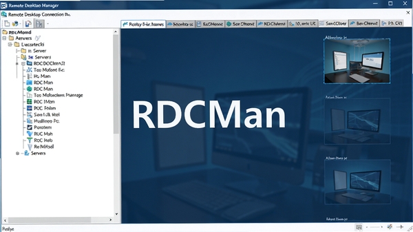Remote Desktop Connection Manager主界面,左侧服务器列表树形分组,右侧多个远程桌面标签页并排显示,背景为深蓝色专业风格,画面中心突出软件名称RDCMan,整体界面整洁清晰,现代感强