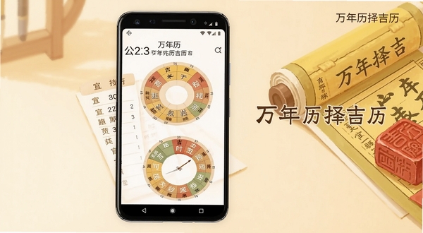 一张展现万年历择吉历核心界面的高清手机截图风格插画,画面主体位于中央偏左位置,是一部竖屏安卓手机,屏幕内清晰显示公历日期、农历日期、宜忌列表与吉时圆盘,背景区域为浅暖色调的桌面环境,画面右侧放置传统黄历卷轴与红色印章元素,整体风格简洁大气,适配Boogu模型生成,画面中自然融入“万年历择吉历”文字标识