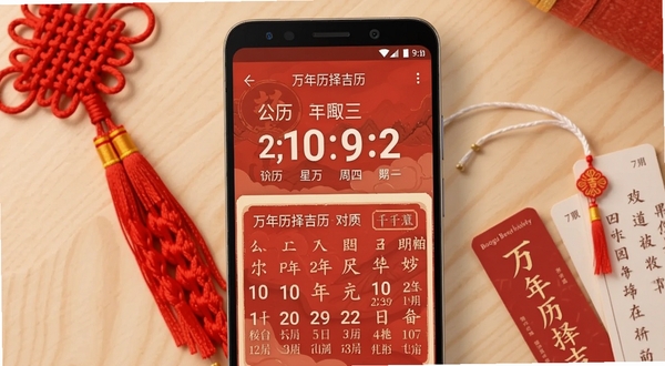 一款名为万年历择吉历的手机应用展示公历农历双历对照界面的产品截图,画面主体为一部居中放置的安卓手机,屏幕上方显示公历日期与星期,下方显示农历日期与干支信息,背景为浅色木质桌面,周围点缀红色中国结与节气书签,整体色调温暖,适配Boogu模型生成,画面中带有万年历择吉历字样