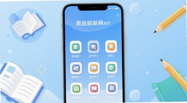育启新网 安卓手机界面展示 教育学习类应用 简洁清爽的首页布局 图标排列整齐 背景为柔和渐变蓝色 手机屏幕居中放置 周围环绕书本与铅笔的简约插画元素 整体风格现代明快 高清画质