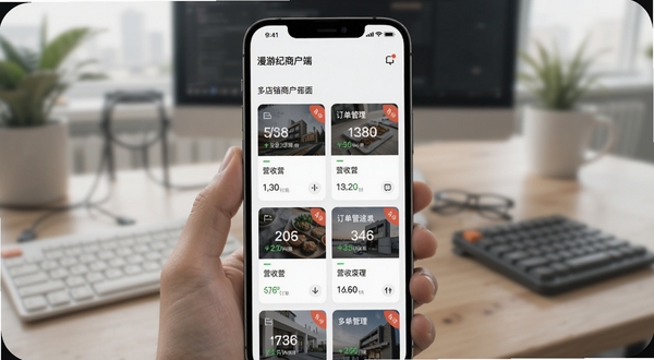 漫游纪商户端多店铺管理界面,手机屏幕显示多个店铺卡片切换,每张卡片带有营收数字与订单角标,背景为模糊的办公室桌面,画面风格商务简洁,适配Boogu模型生成。