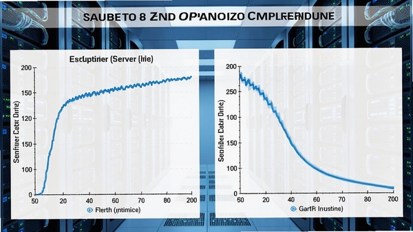 Zend Optimizer性能加速对比图，左侧为未优化时服务器负载曲线，右侧为启用后明显下降的折线图，背景为数据中心机柜，采用蓝白配色突出数据变化