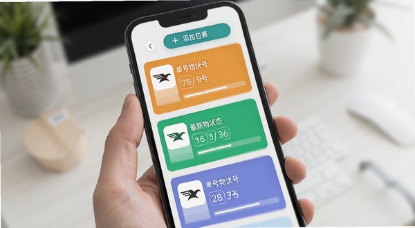 飞鸟包裹快递查多包裹管理界面，手机屏幕显示多个快递卡片列表，每个卡片显示快递公司logo、单号、最新物流状态和进度条，卡片背景颜色各异，界面整洁有序，突出批量管理和状态可视化，顶部有“添加包裹”按钮，整体风格清新明亮