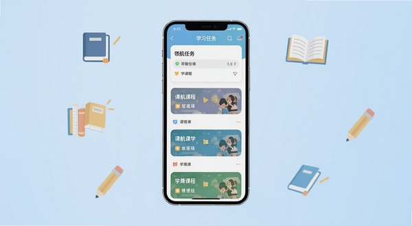 领航伴学软件主界面全貌预览图,画面中央为手机屏幕展示学习任务面板与课程卡片列表,背景区域为柔和的浅蓝色渐变,屏幕周围点缀书本与铅笔的扁平化图标,整体风格清新简洁,适配Boogu模型生成