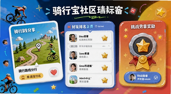 骑行宝社区功能示意图,展示骑行路线分享卡片、好友排名列表、挑战勋章奖励等元素,画面色彩鲜艳,充满社交互动氛围
