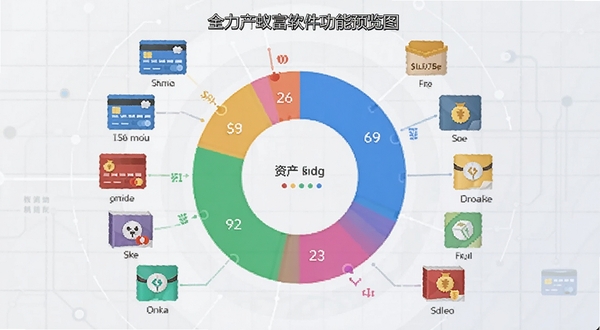 全力蚁富软件功能预览图，展示其资产聚合界面，画面中央是环形资产分布图，周围有各类银行卡和金融产品的小图标，背景为浅灰色科技网格，风格扁平化，色彩明快。