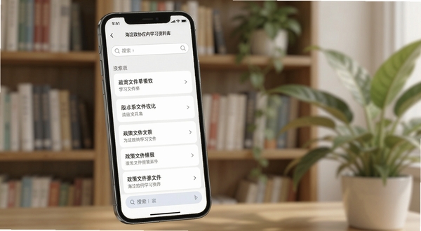 海淀政协应用内学习资料库界面,手机屏幕显示分类清晰的政策文件列表与搜索框,背景为书架与绿植的虚化场景,色调柔和,体现学习氛围,适配Boogu模型生成