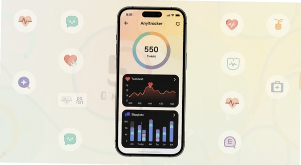 Anyitracker 应用主界面概览,手机屏幕中央显示健康数据仪表盘,包含步数圆环、心率曲线与睡眠柱状图,背景为浅色渐变,四周散落简约图标元素,整体风格清新明亮,适配 Boogu 模型生成