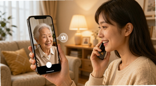 萤虫看家免费双向语音通话功能示意图,画面展示一位年轻女士对着手机说话,手机另一端显示家中老人微笑倾听的场景,背景温馨居家,画面风格柔和,突出语音交流的亲切感,细节丰富,色彩温暖