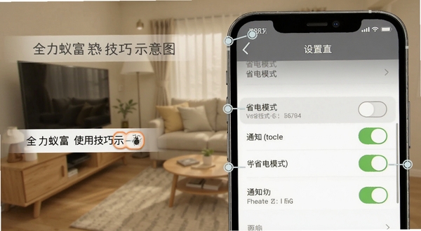 全力蚁富使用技巧示意图,手机屏幕放大显示设置菜单中的省电模式与通知开关,背景为居家环境,画面标注重点操作区域,风格直观易懂