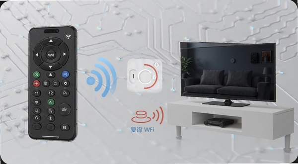 万能遥控器小助手 WiFi连接与红外学习功能示意图,手机与电视通过无线信号连接,旁边有学习按钮和信号复制图标,背景为浅灰色科技纹理