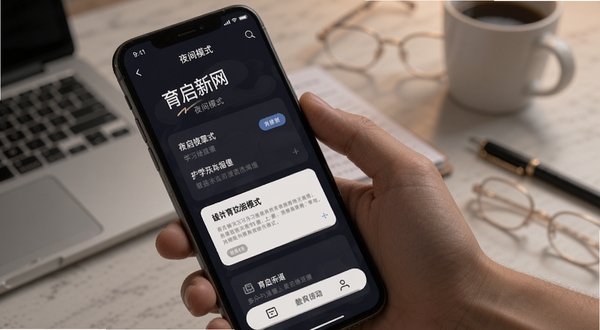 育启新网 夜间模式界面 深色背景 白色文字 手机屏幕展示学习内容 柔和护眼配色 简洁排版