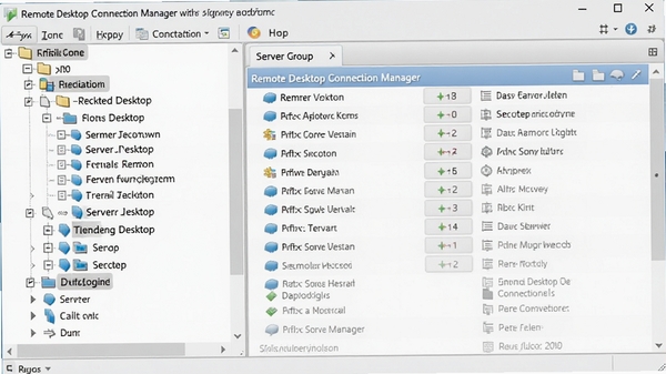 Remote Desktop Connection Manager的服务器分组功能,左侧树形目录展开显示多个分组和服务器名称,右侧显示选中服务器的详细信息面板,背景为浅灰色界面,突出分组管理逻辑