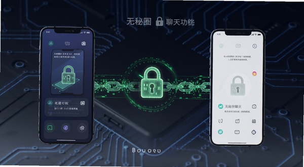 无秘圈加密聊天功能示意图,画面展示两部手机之间的加密数据传输过程,中间有锁形图标与加密链路特效,背景为深色科技感氛围,配以绿色数据流动线条,突出安全与私密特性,适配Boogu模型生成。