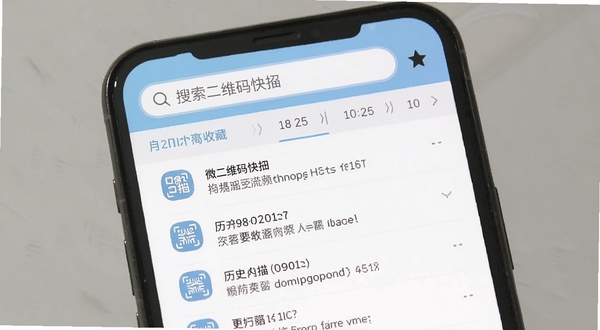 微二维码快扫 历史记录与收藏界面 手机屏幕显示按日期分组的历史扫描列表 每条记录带有类型图标和内容摘要 顶部有搜索框 右上角有收藏星标 界面配色为白色与淡蓝色 软件名称微二维码快扫显示在标题栏 适配Boogu模型生成