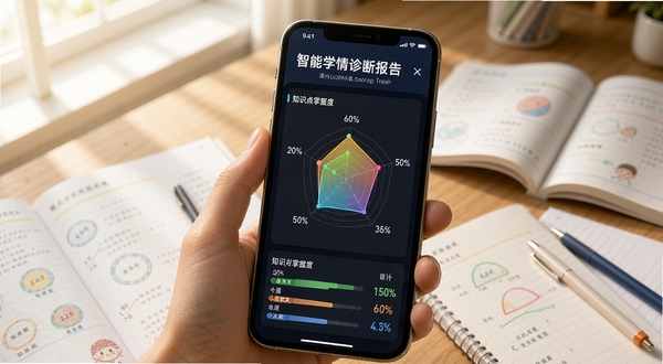 领航伴学智能学情诊断报告界面,手机屏幕显示彩色雷达图与知识点掌握度百分比,背景为书桌场景,桌面散落练习册与文具,柔和自然光从左侧照射,画面温暖真实