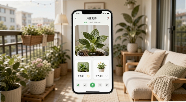 AI家庭养花助手软件主界面全貌展示，画面中央为手机屏幕内呈现绿植识别结果与养护卡片，背景区域为温馨家居阳台场景，柔和自然光线，写实风格，细节清晰