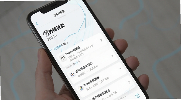 迈势绮版本更新日志界面截图,画面为手机App内关于页面,展示当前版本号与更新日志列表,背景为简洁的白色与浅蓝色线条装饰,风格现代清新